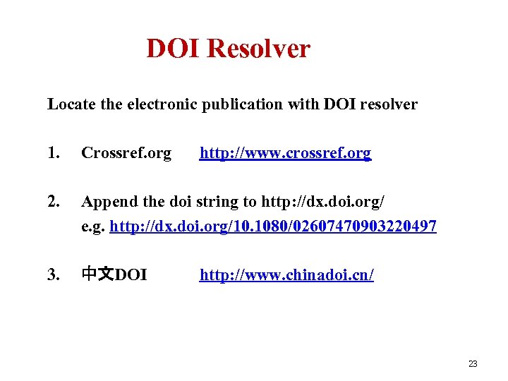 DOI Resolver Locate the electronic publication with DOI resolver 1. Crossref. org 2. Append