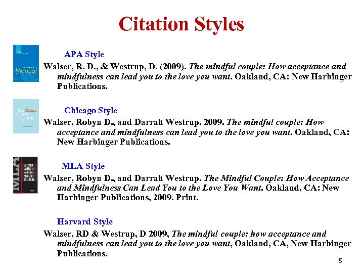 Citation Styles APA Style Walser, R. D. , & Westrup, D. (2009). The mindful