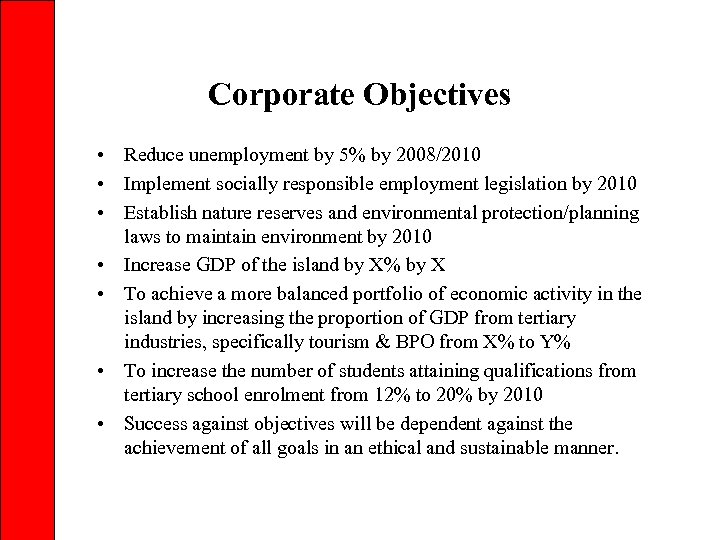 Corporate Objectives • Reduce unemployment by 5% by 2008/2010 • Implement socially responsible employment