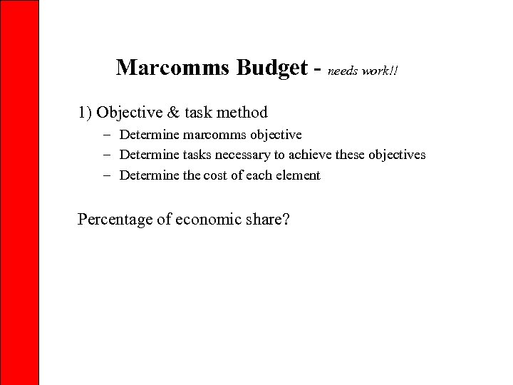 Marcomms Budget - needs work!! 1) Objective & task method – Determine marcomms objective
