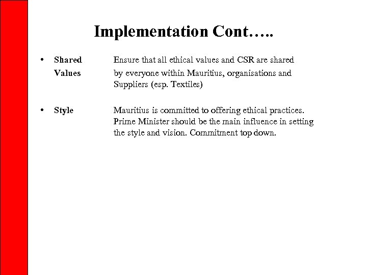 Implementation Cont…. . • Shared Values Ensure that all ethical values and CSR are