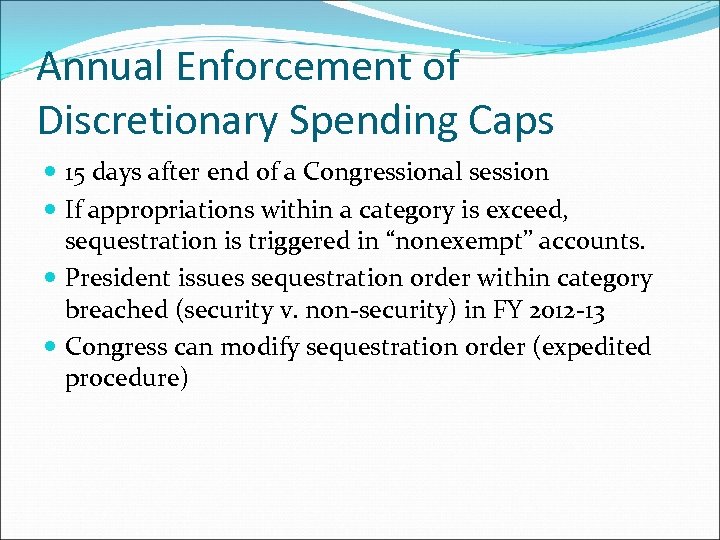 Annual Enforcement of Discretionary Spending Caps 15 days after end of a Congressional session