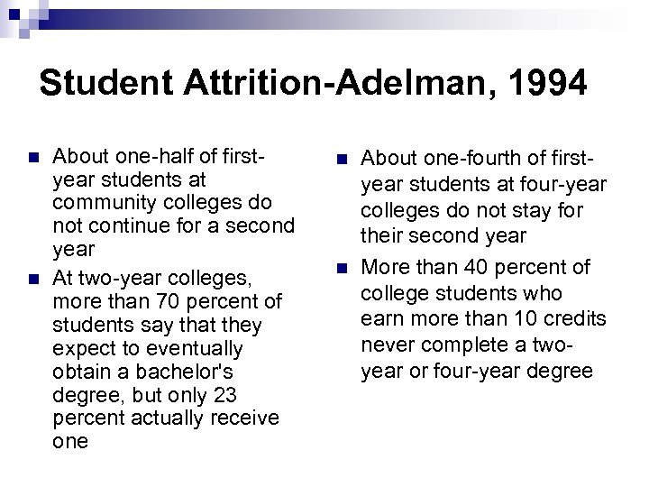 Student Attrition-Adelman, 1994 n n About one-half of firstyear students at community colleges do