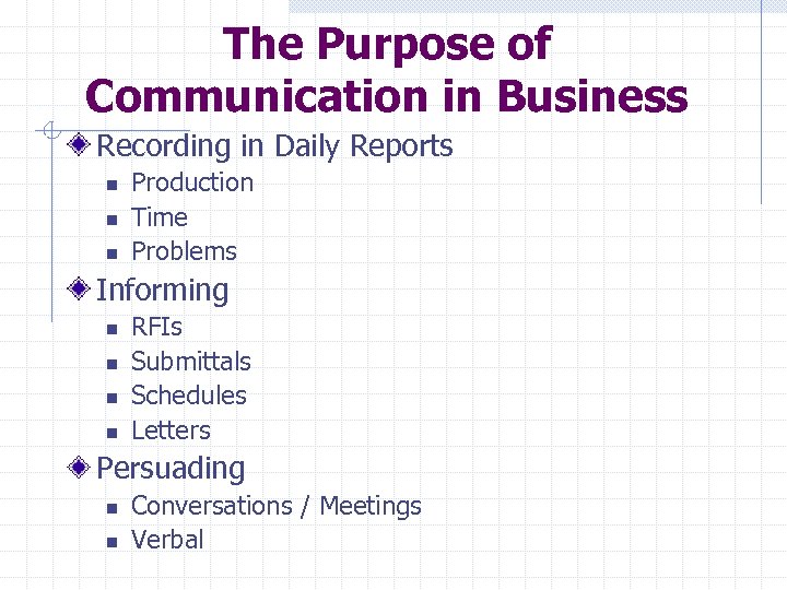 The Purpose of Communication in Business Recording in Daily Reports n n n Production