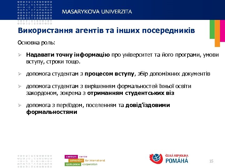 Використання агентів та інших посередників Основна роль: Ø Надавати точну інформацію про університет та
