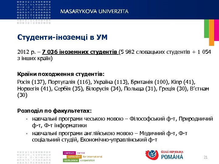 Студенти-іноземці в УМ 2012 р. – 7 036 іноземних студентів (5 982 словацьких студентів