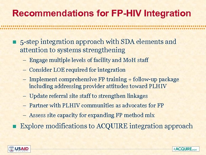 Recommendations for FP-HIV Integration n 5 -step integration approach with SDA elements and attention