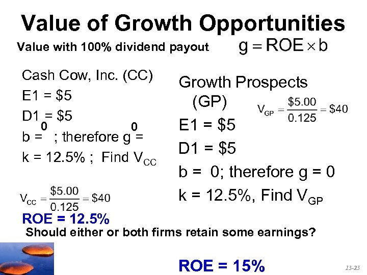 Value of Growth Opportunities Value with 100% dividend payout Cash Cow, Inc. (CC) E