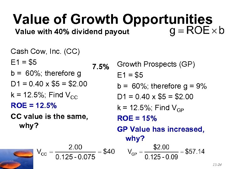 Value of Growth Opportunities Value with 40% dividend payout Cash Cow, Inc. (CC) E