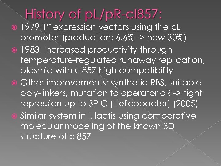 History of p. L/p. R-c. I 857: 1979: 1 st expression vectors using the