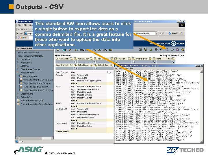 Outputs - CSV This standard BW icon allows users to click a single button
