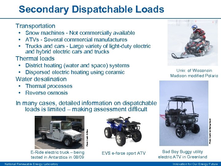 Secondary Dispatchable Loads Transportation • Snow machines - Not commercially available • ATVs -