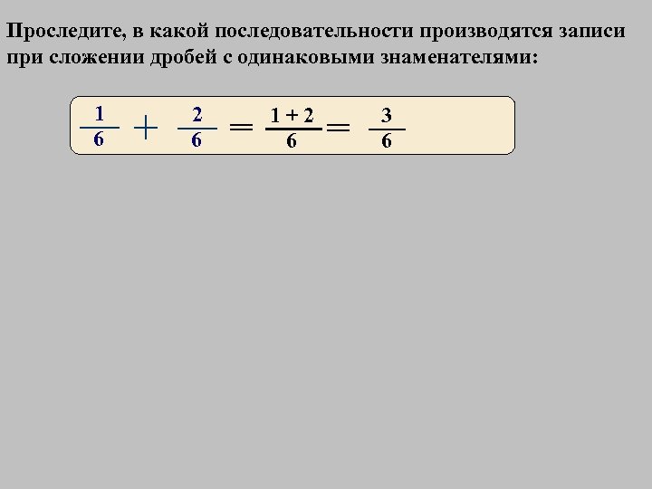 Проследите, в какой последовательности производятся записи при сложении дробей с одинаковыми знаменателями: 1 6