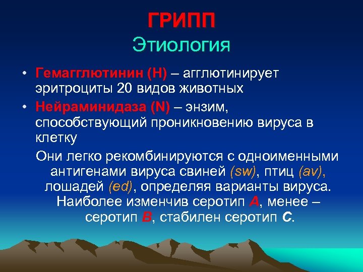 ГРИПП Этиология • Гемагглютинин (H) – агглютинирует эритроциты 20 видов животных • Нейраминидаза (N)
