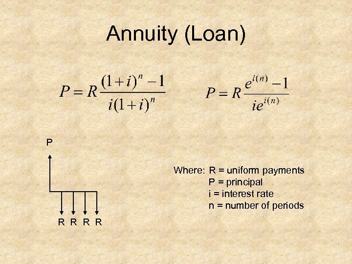 Annuity (Loan) P Where: R = uniform payments P = principal i = interest