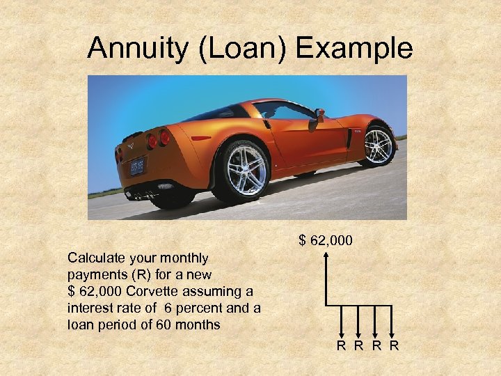 Annuity (Loan) Example $ 62, 000 Calculate your monthly payments (R) for a new