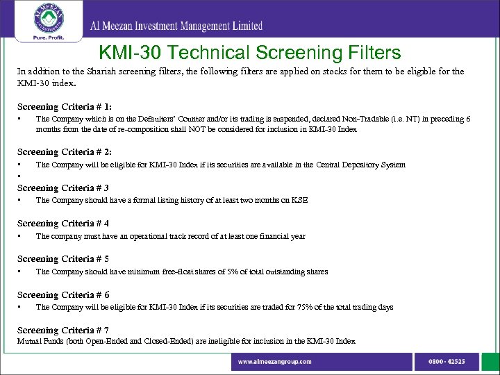KMI-30 Technical Screening Filters In addition to the Shariah screening filters, the following filters