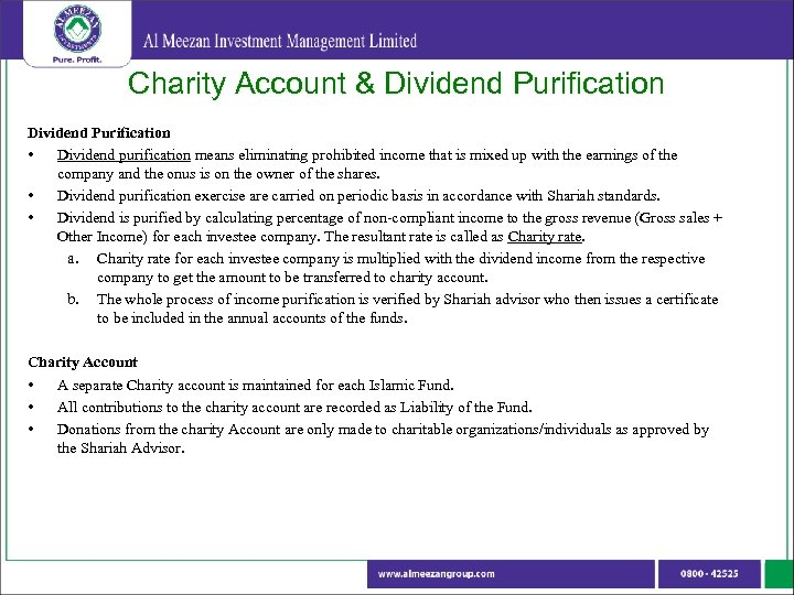 Charity Account & Dividend Purification • Dividend purification means eliminating prohibited income that is