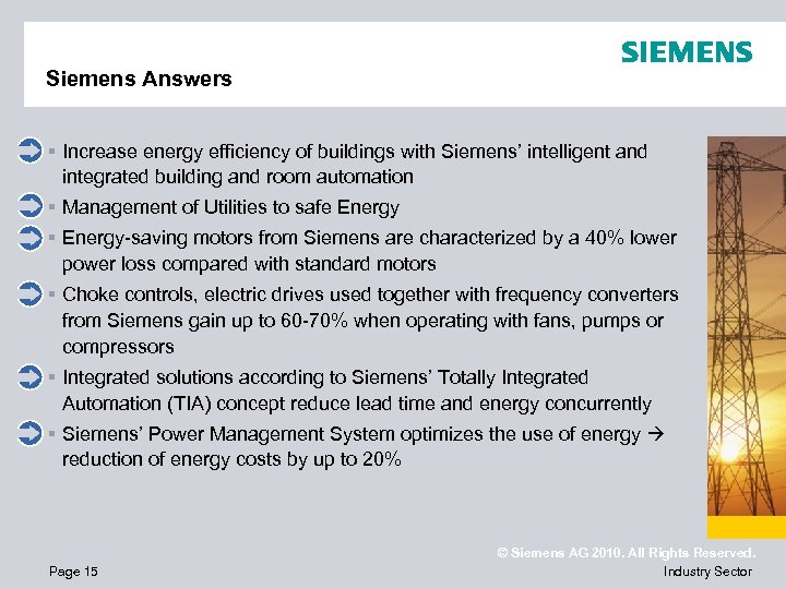 Siemens Answers § Increase energy efficiency of buildings with Siemens’ intelligent and integrated building