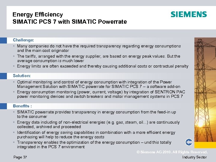 Energy Efficiency SIMATIC PCS 7 with SIMATIC Powerrate Challenge: § Many companies do not