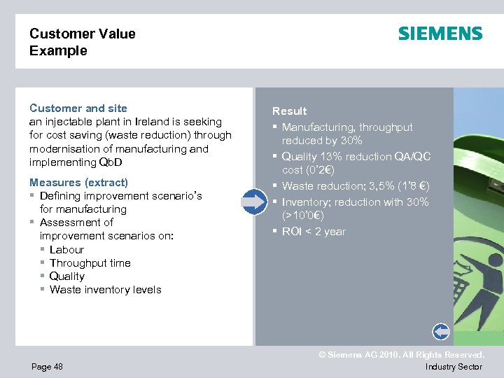 Customer Value Example Customer and site an injectable plant in Ireland is seeking for