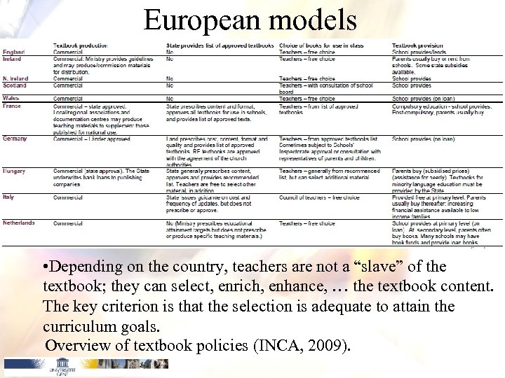 European models • Depending on the country, teachers are not a “slave” of the