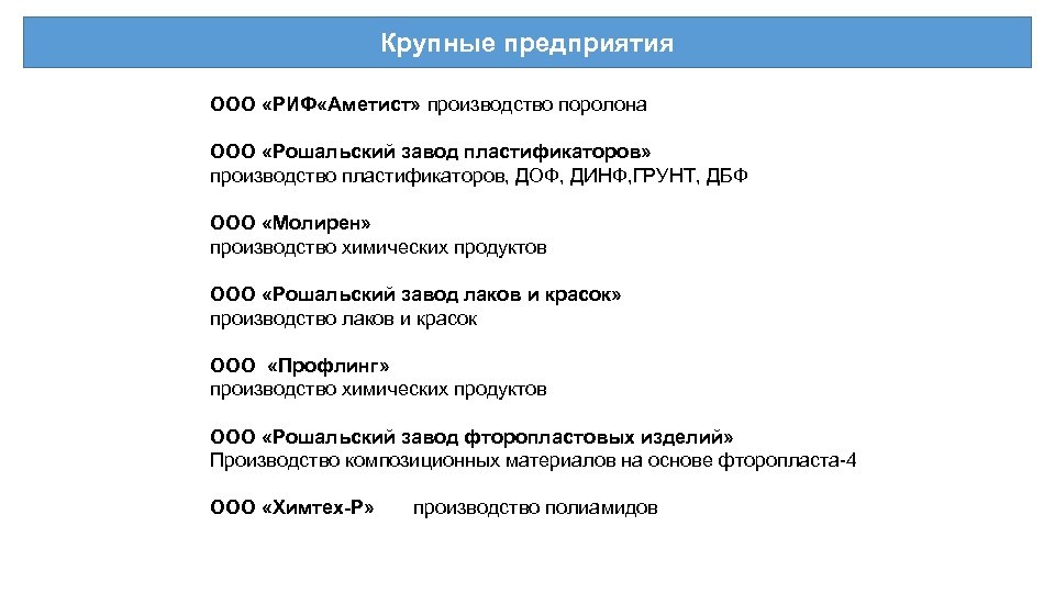 Крупные предприятия ООО «РИФ «Аметист» производство поролона ООО «Рошальский завод пластификаторов» производство пластификаторов, ДОФ,