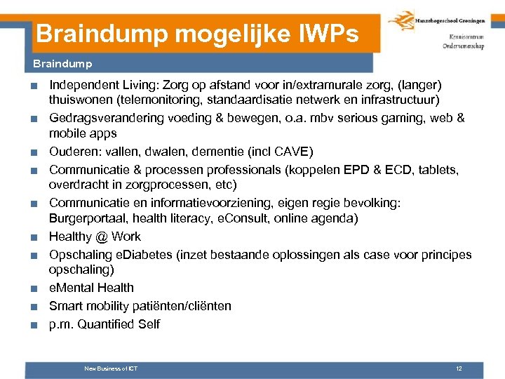 Braindump mogelijke IWPs Braindump ■ Independent Living: Zorg op afstand voor in/extramurale zorg, (langer)