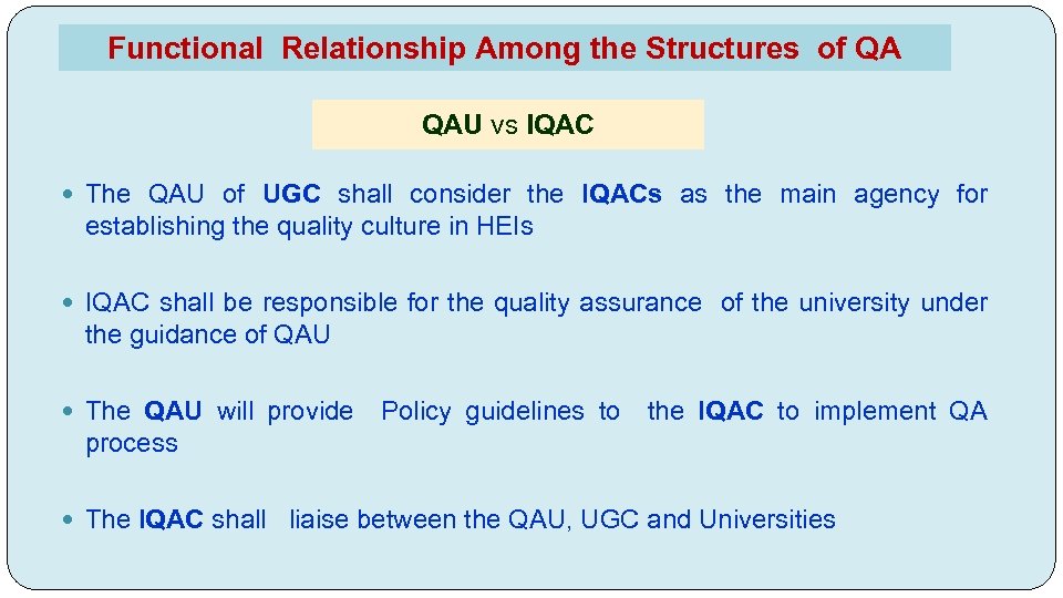 Functional Relationship Among the Structures of QA QAU vs IQAC The QAU of UGC