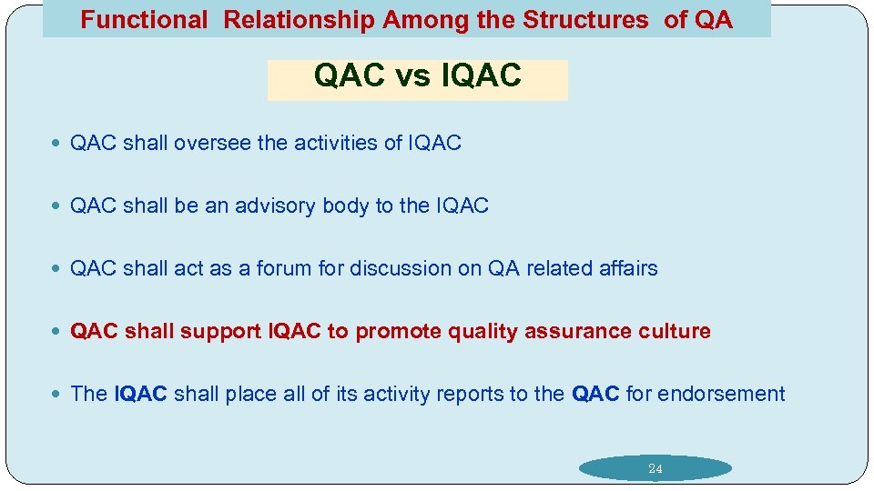 Functional Relationship Among the Structures of QA QAC vs IQAC shall oversee the activities