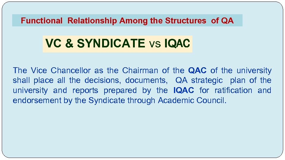 Functional Relationship Among the Structures of QA VC & SYNDICATE vs IQAC The Vice