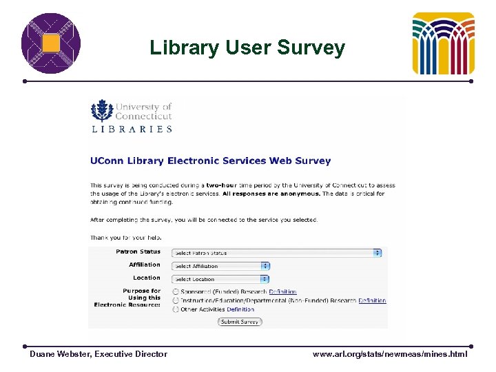 Library User Survey Duane Webster, Executive Director www. arl. org/stats/newmeas/mines. html 