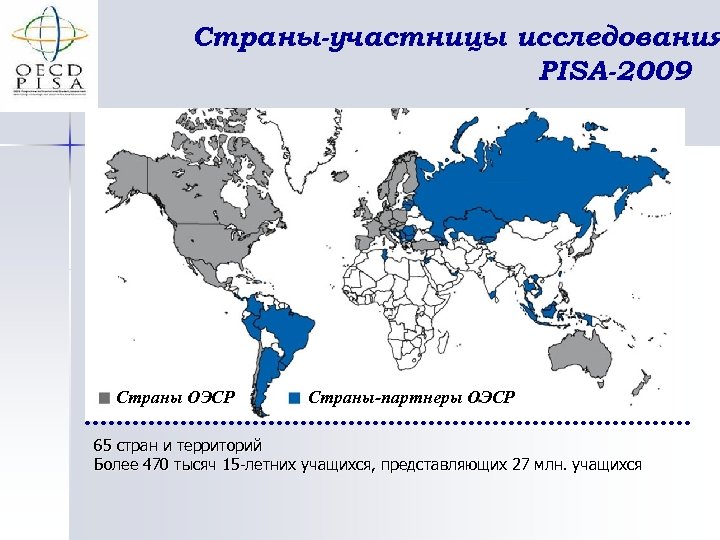 Страны-участницы исследования PISA-2009 Страны ОЭСР Страны-партнеры ОЭСР 65 стран и территорий Более 470 тысяч