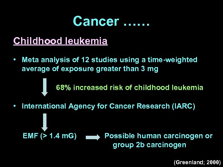 Cancer …… Childhood leukemia • Meta analysis of 12 studies using a time-weighted average