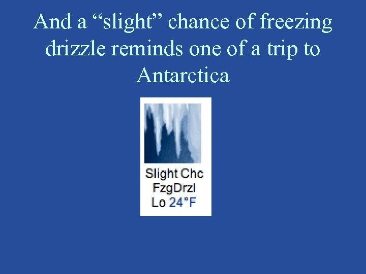 And a “slight” chance of freezing drizzle reminds one of a trip to Antarctica