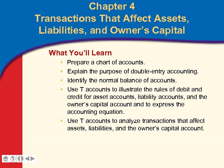 Chapter 4 Transactions That Affect Assets, Liabilities, and Owner’s Capital What You’ll Learn §