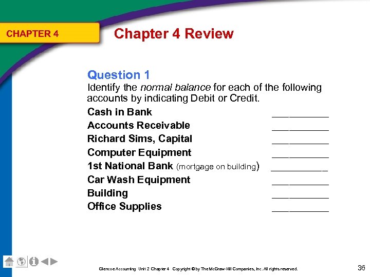 CHAPTER 4 Chapter 4 Review Question 1 Identify the normal balance for each of