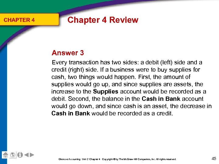 CHAPTER 4 Chapter 4 Review Answer 3 Every transaction has two sides: a debit