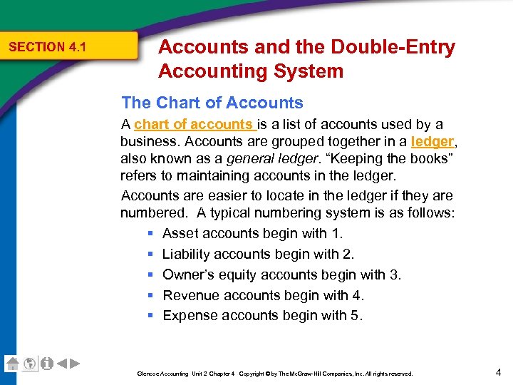 SECTION 4. 1 Accounts and the Double-Entry Accounting System The Chart of Accounts A