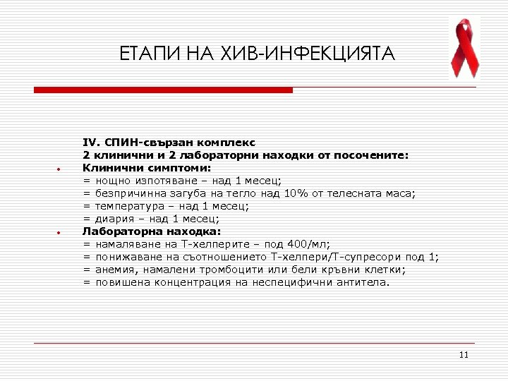 ЕТАПИ НА ХИВ-ИНФЕКЦИЯТА • • ІV. СПИН-свързан комплекс 2 клинични и 2 лабораторни находки
