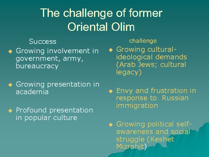 The challenge of former Oriental Olim u u u Success Growing involvement in government,