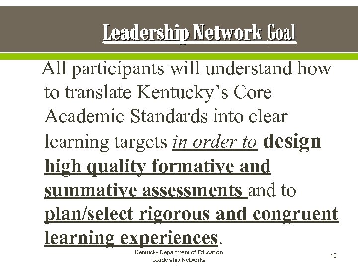 Leadership Network Goal All participants will understand how to translate Kentucky’s Core Academic Standards