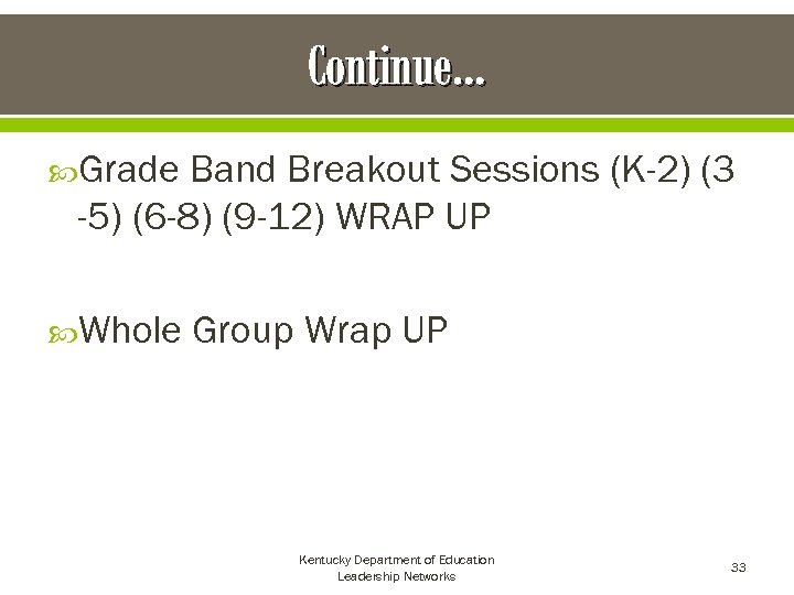 Continue… Grade Band Breakout Sessions (K-2) (3 -5) (6 -8) (9 -12) WRAP UP