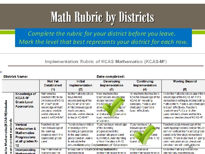 Math Rubric by Districts Complete the rubric for your district before you leave. Mark