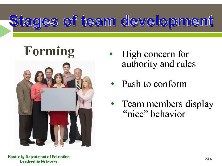 Stages of team development Forming • High concern for authority and rules • Push