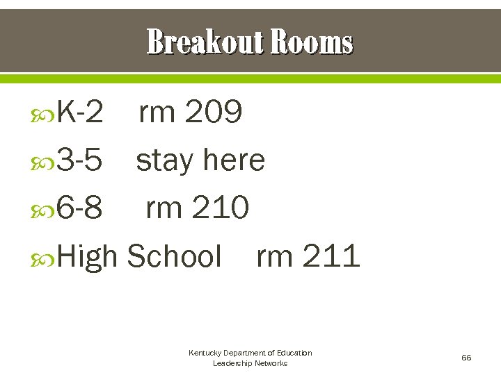 Breakout Rooms K-2 rm 209 3 -5 stay here 6 -8 rm 210 High