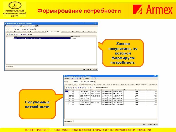 Формирование потребности Заявка покупателя, по которой формируем потребность Полученные потребности 