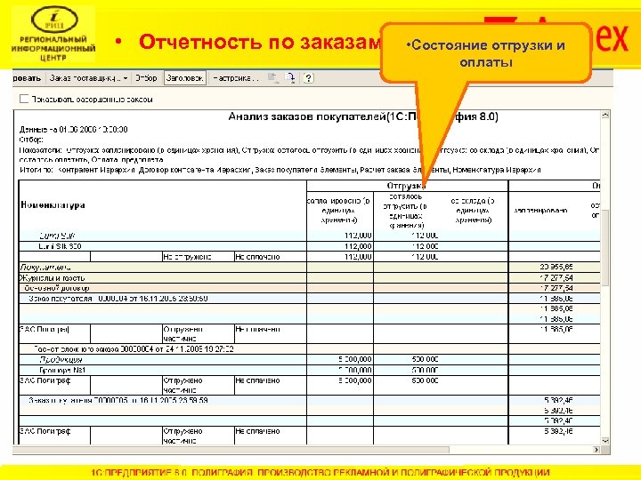  • Отчетность по заказам • Состояние отгрузки и оплаты 