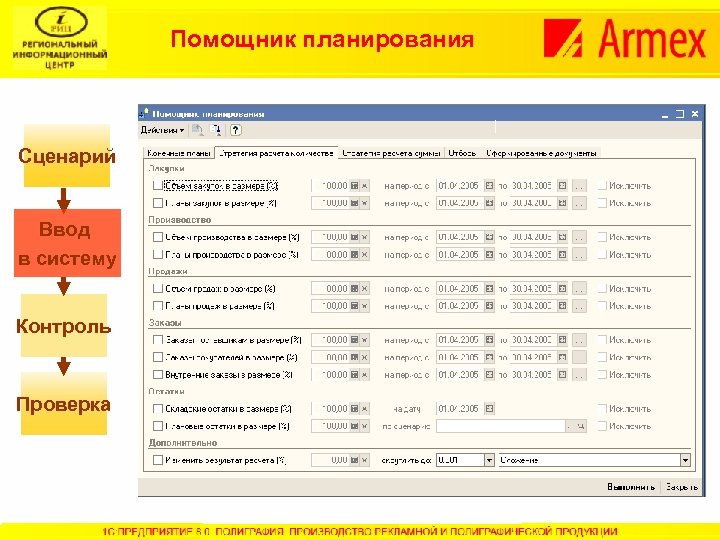 Помощник планирования Сценарий Ввод в систему Контроль Проверка 