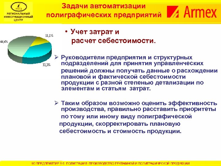 Задачи автоматизации полиграфических предприятий • Учет затрат и расчет себестоимости. Ø Руководители предприятия и
